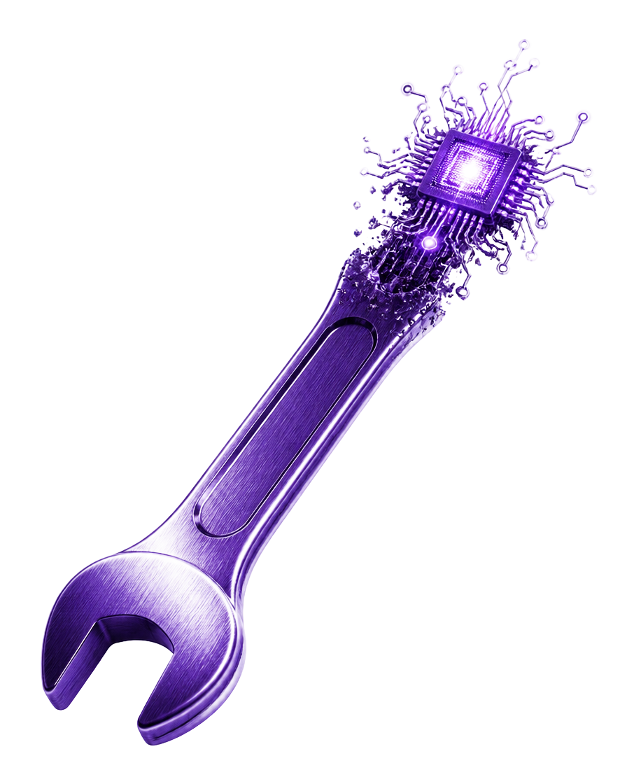 Violet brushed-metal wrench dissolving into a glowing AI microchip