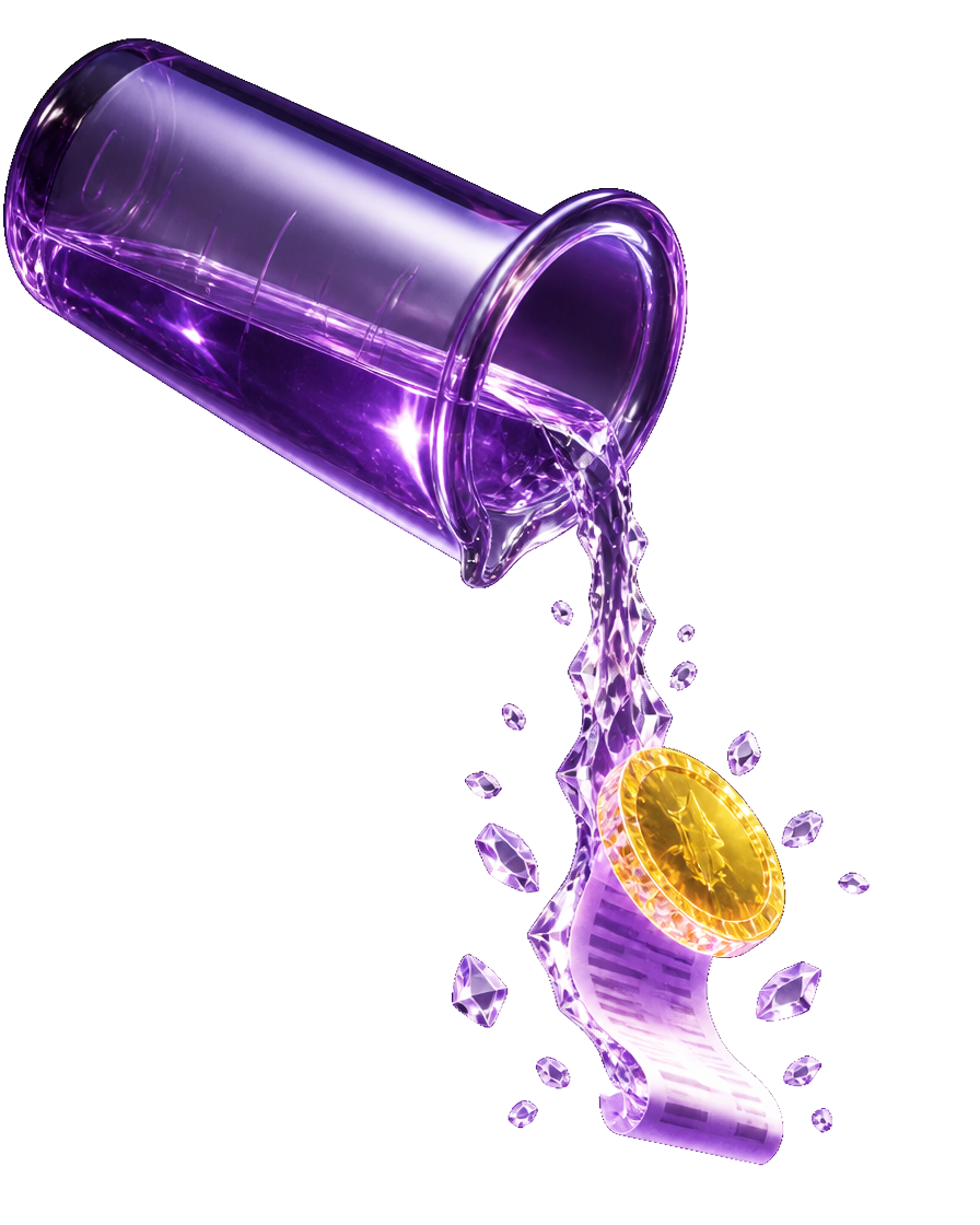 Violet beaker pouring liquid that crystallizes into a coin and a paper receipt