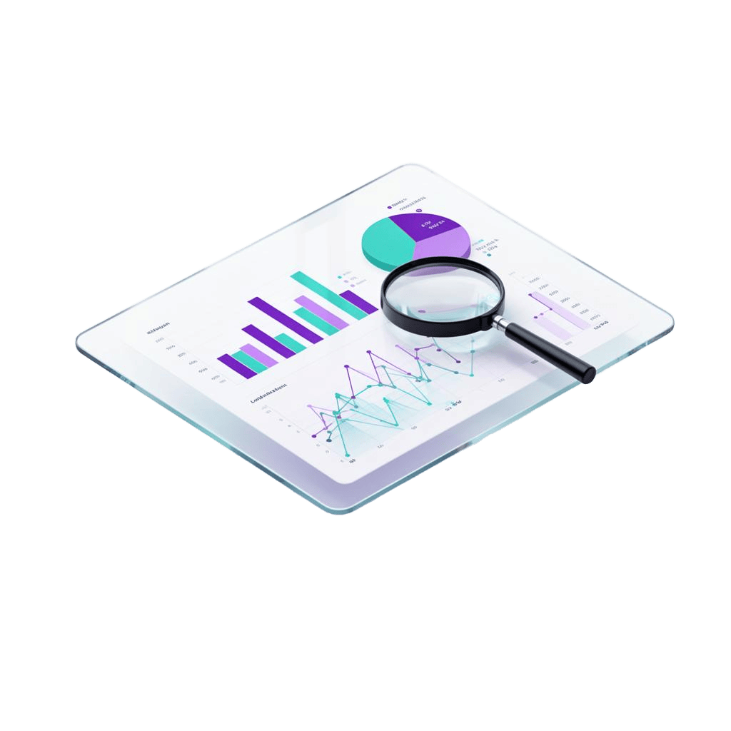 Floating analytics dashboard with bar charts and magnifying glass over market data