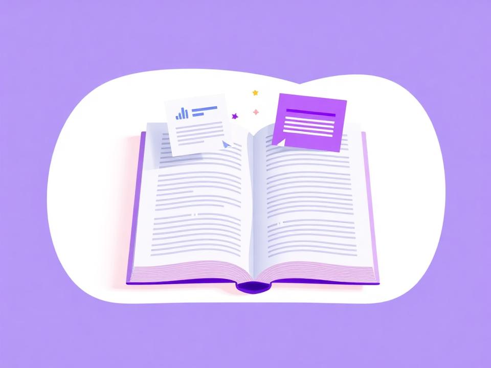 Open magazine with floating article cards and charts