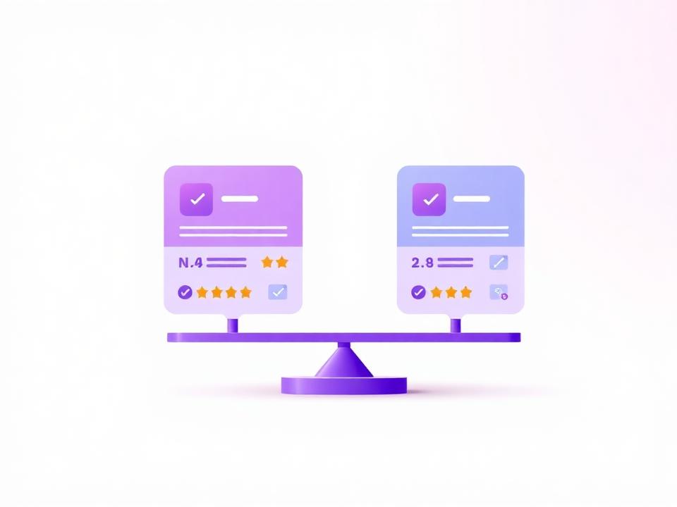 Two product cards balanced on a scale with star ratings