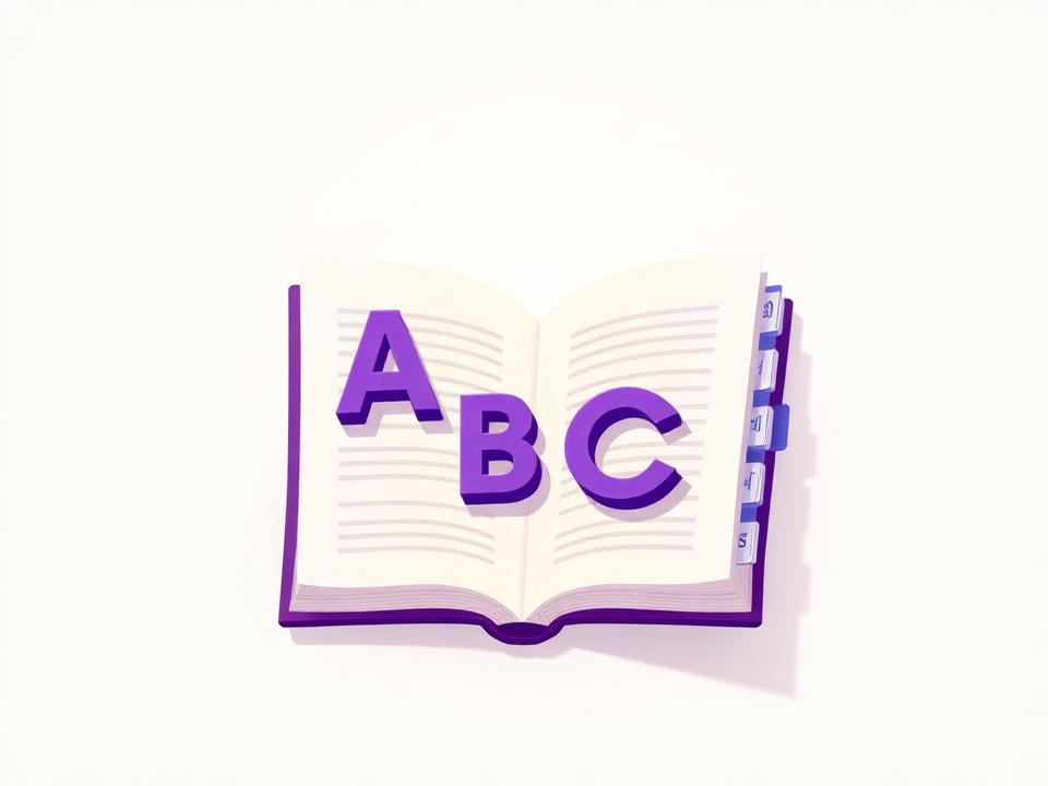 Open dictionary with alphabet letter tiles and side index tabs