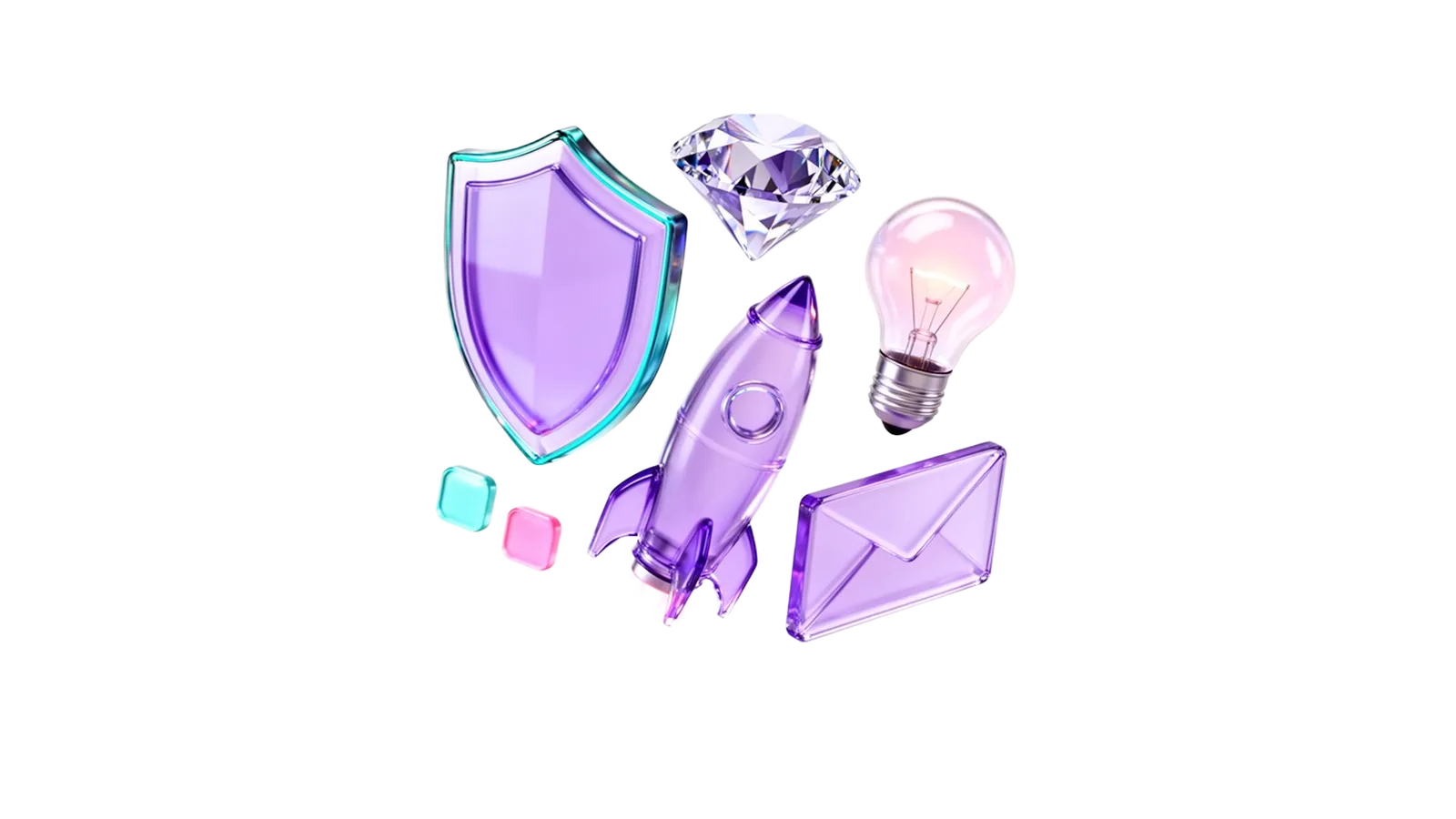 Floating glassy AI generator tools — brain, charts, palette, rocket, lightbulb — IdeaProof 2026 AI generators for founders