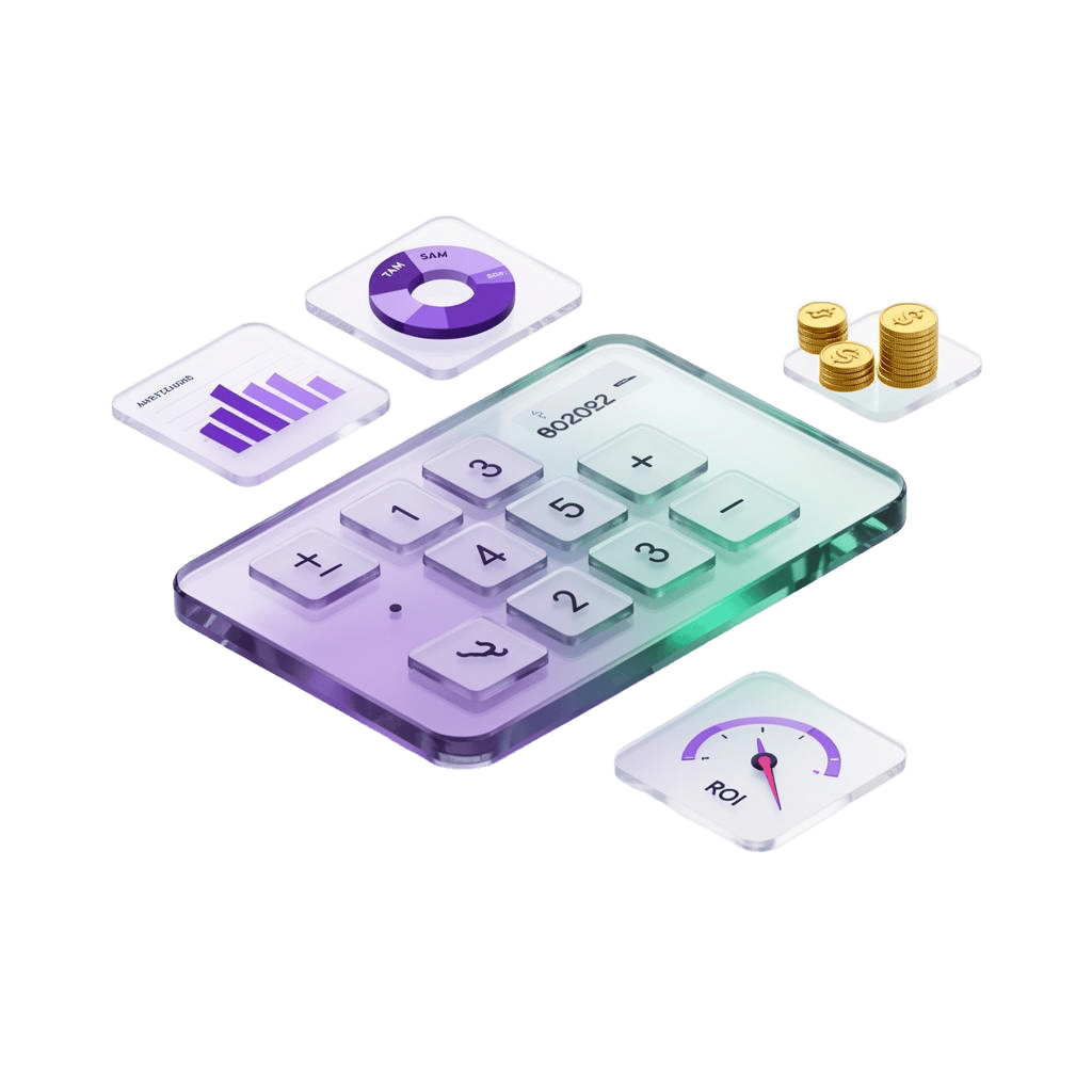 Floating glass calculator with TAM/SAM/SOM, ROI bar, runway gauge and coin stack — IdeaProof 2026 startup calculators
