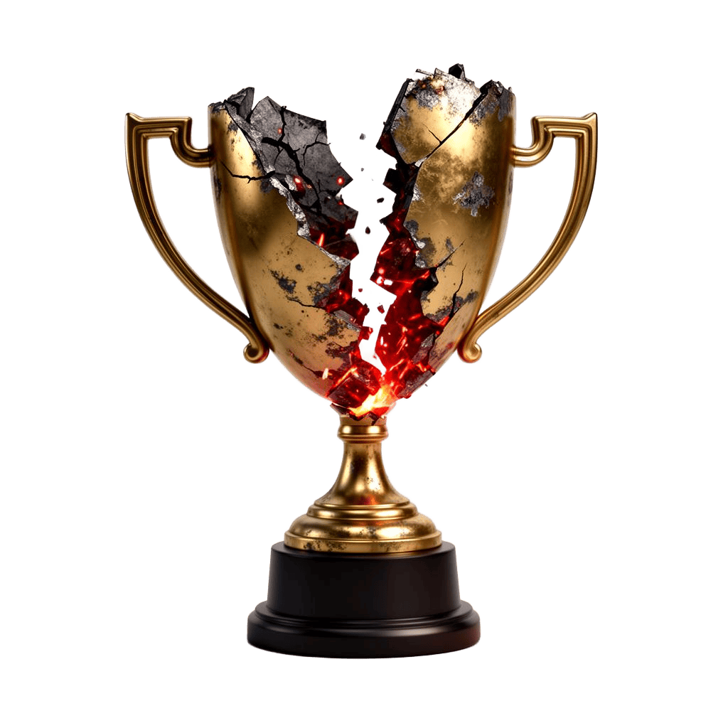 Broken golden trophy with ember sparks