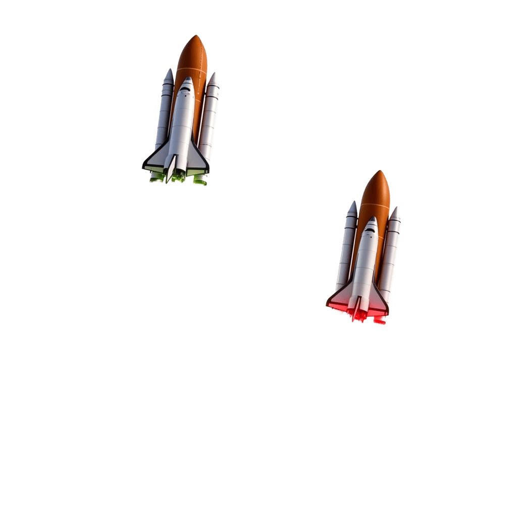 Two rockets — one ascending, one crashing