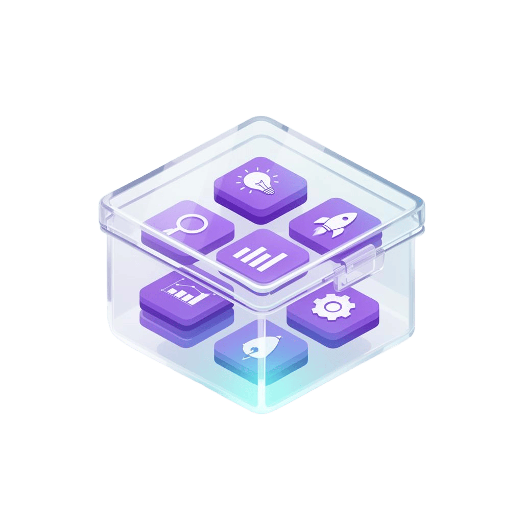 Glass toolbox with floating startup app icons — lightbulb, search, chart, rocket, gear
