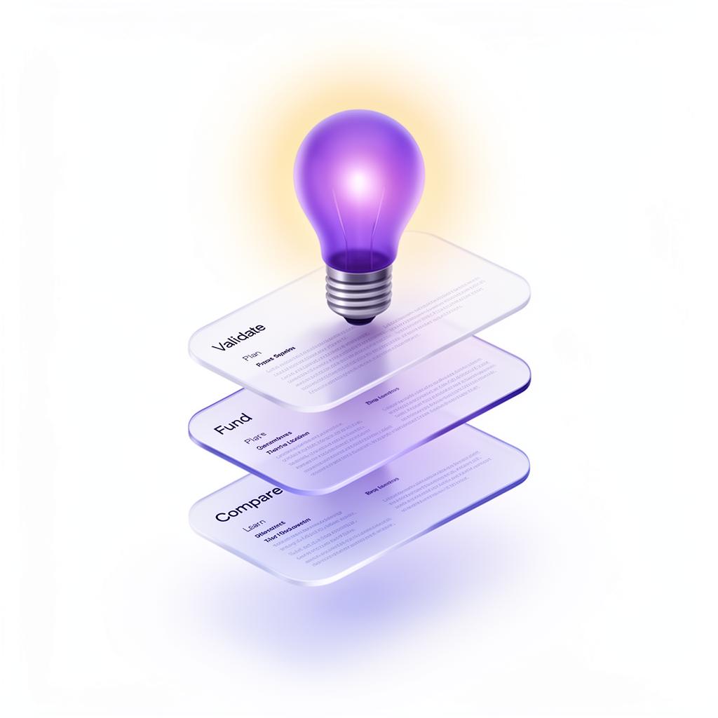 Illustration of stacked translucent cards labeled Validate, Plan, Fund, Compare under a glowing lightbulb