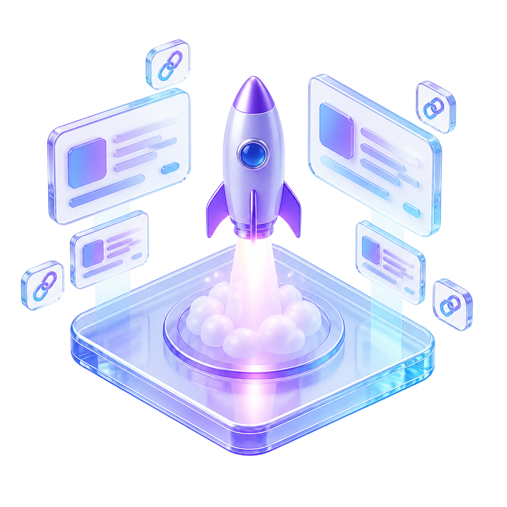 Glass launchpad with a violet rocket lifting off and floating directory listing cards