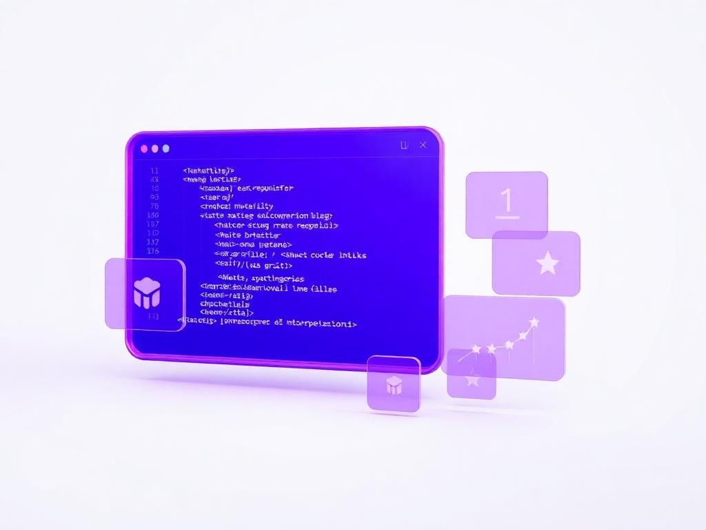 Glass code editor window surrounded by floating repository, star and growth cards