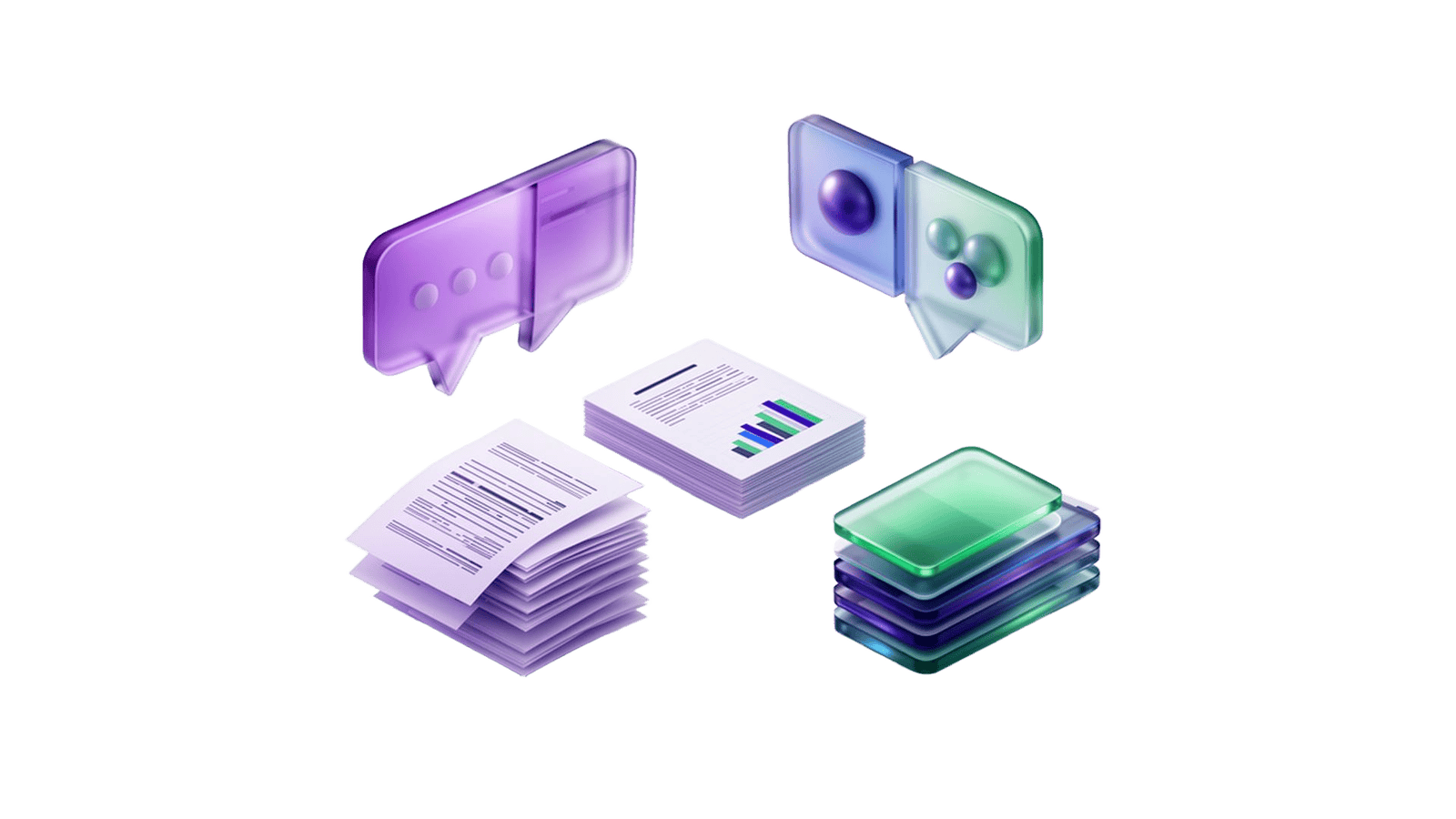 Floating glassy pitch deck, business plan, persona card and competitor matrix — IdeaProof 2026 startup templates
