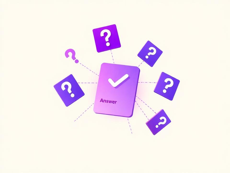 Floating question-mark cards orbiting a central answer card with a checkmark