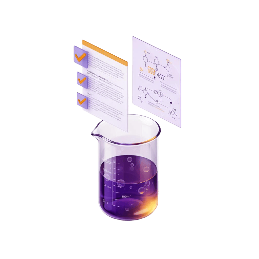 Scientific beaker with floating research documents and methodology checkmarks