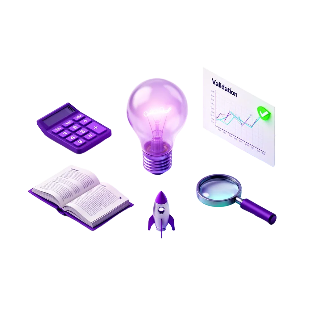 Floating founder toolkit: lightbulb, calculator, validation chart, guidebook, magnifier and rocket connected by glowing lines