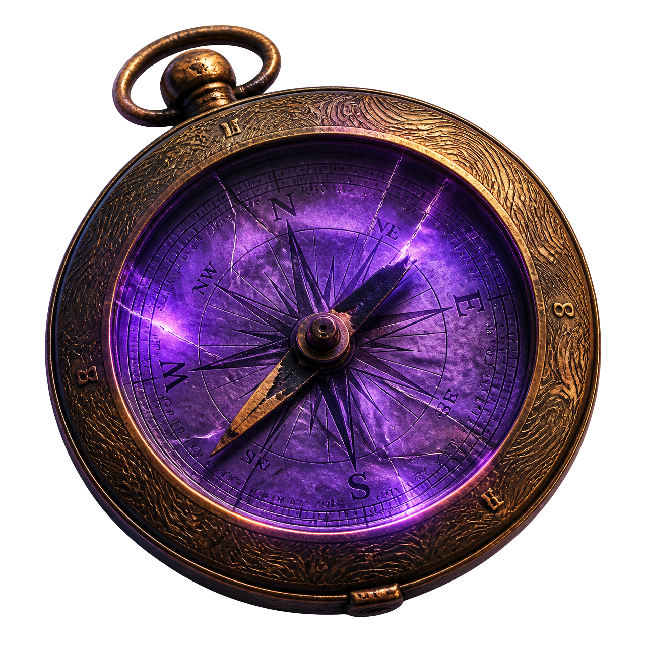 A cracked compass with a glowing violet needle on a topographic map