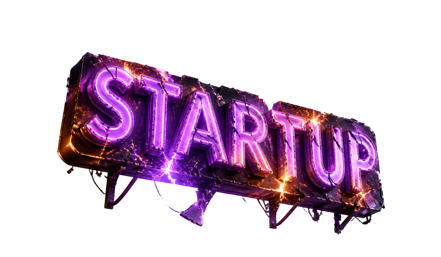 A broken neon STARTUP sign half-buried in dark concrete