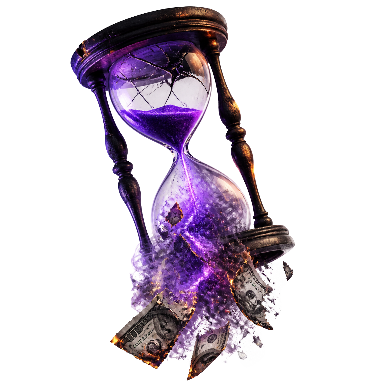 A tilted hourglass leaking violet sand that morphs into burning dollar bills