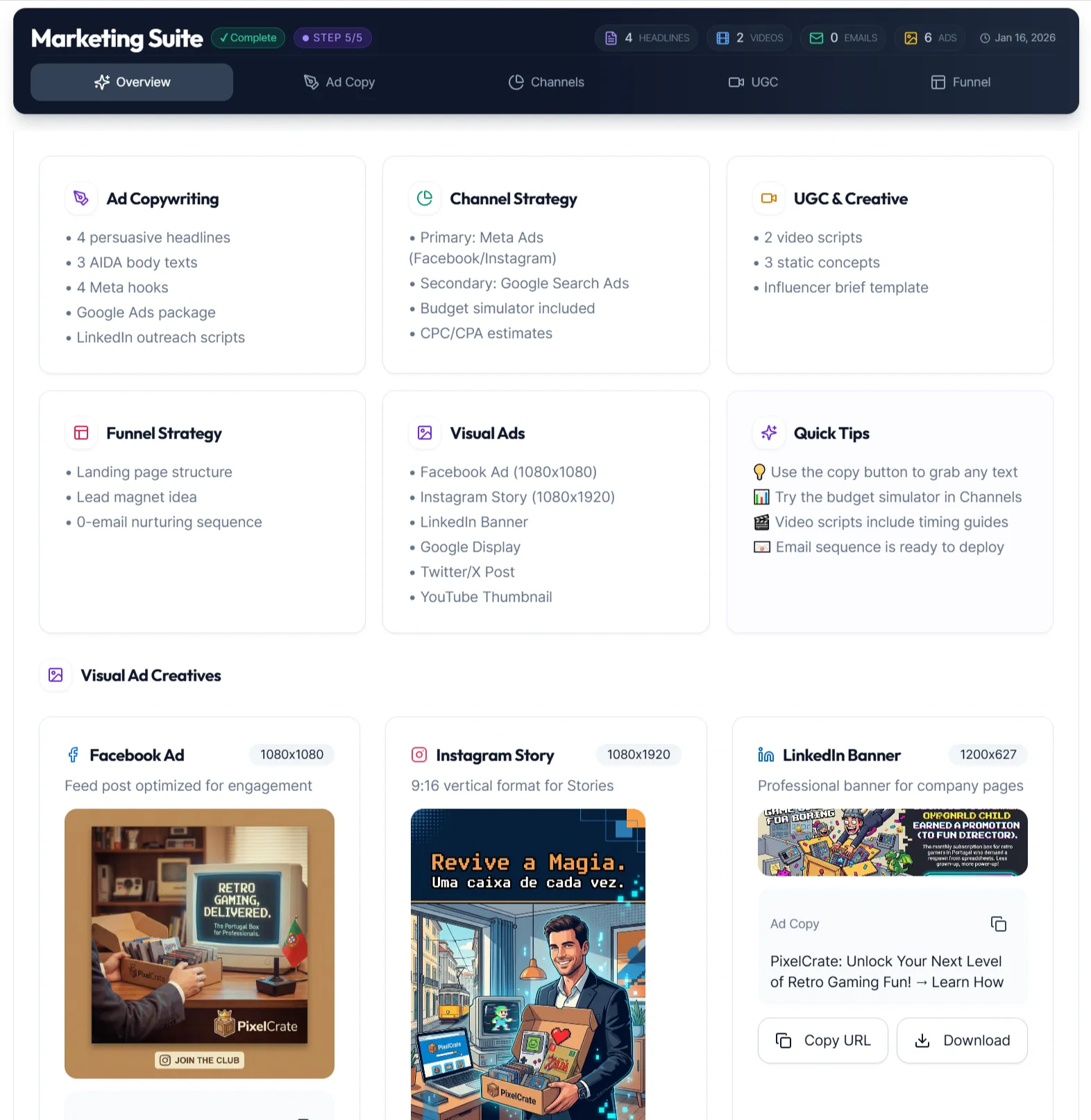 Marketing Suite - IdeaProof validation result showing 6 AI Visual Ads • 4 Headlines • Channel Strategy