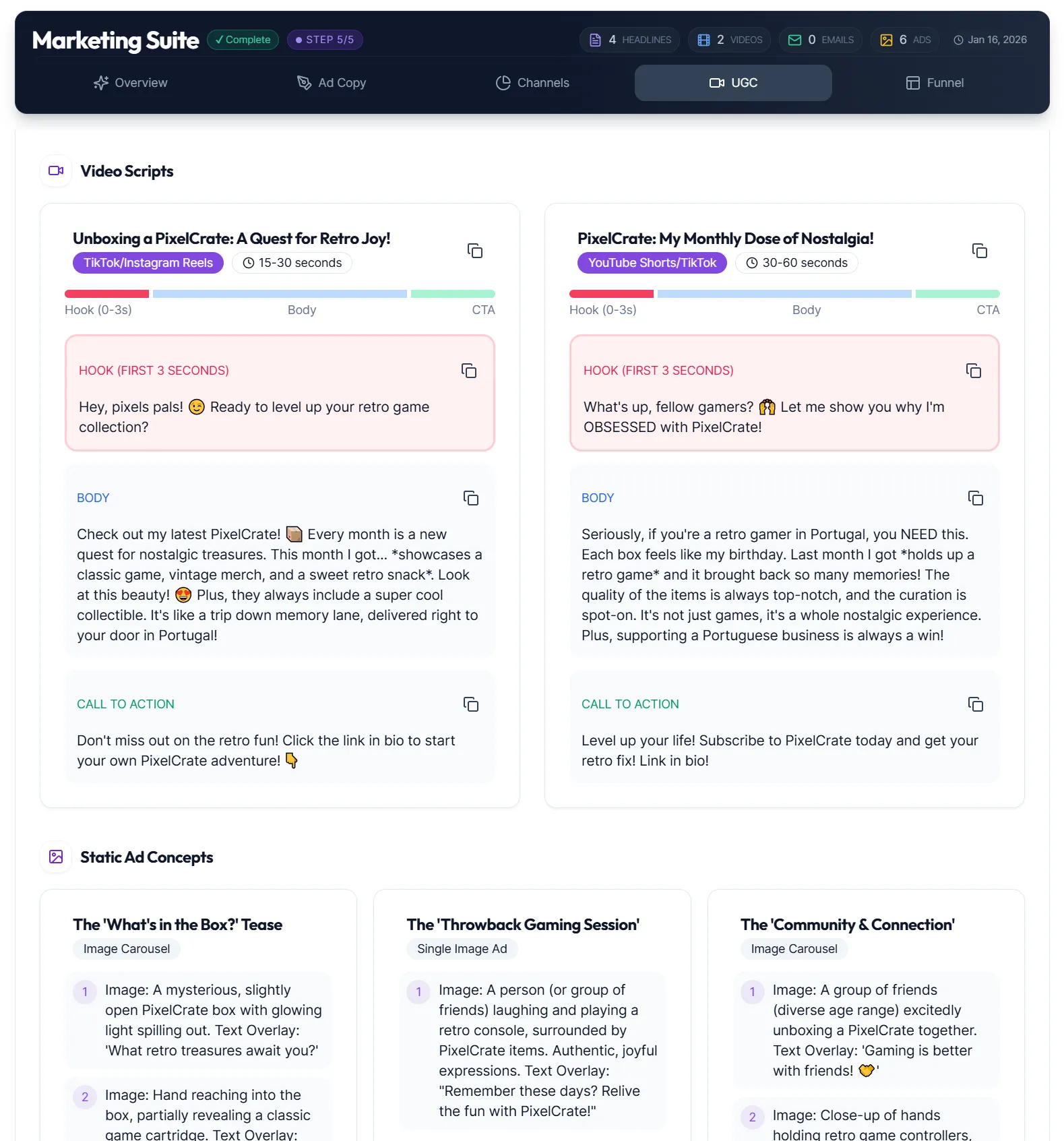 UGC Video Scripts - IdeaProof validation result showing TikTok • Instagram Reels • YouTube Shorts